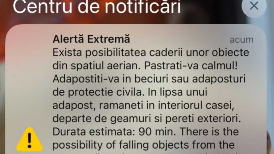 Avertizare RO Alert în județul Tulcea privind posibilitatea căderii de obiecte