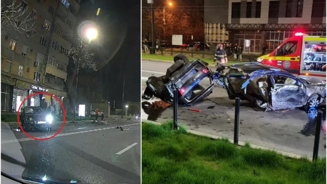 Tânărul din Oradea a scăpat miraculos dintr-un accident rutier, în ciuda faptului că mașina sa a fost tăiată în două. Momentul impresionant în care reușește să iasă din autoturism.
