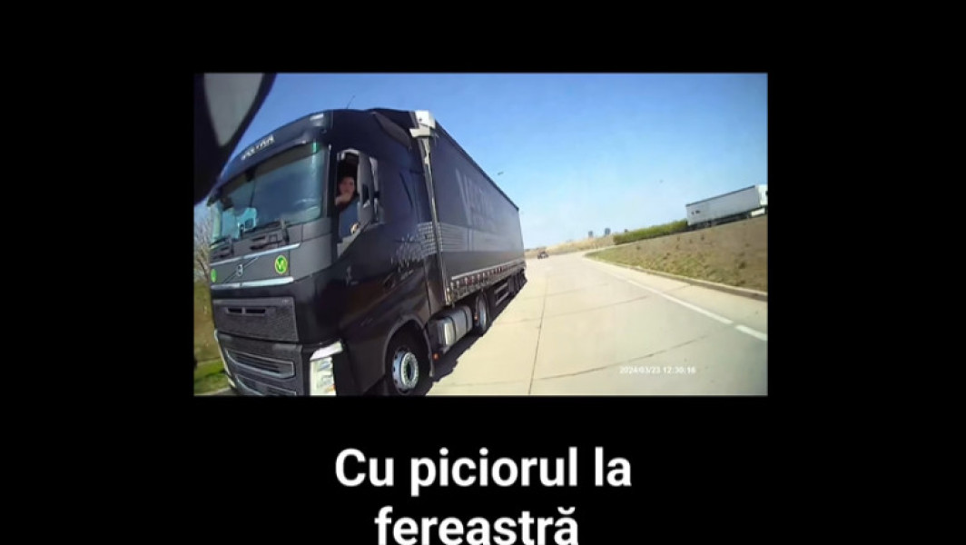 Un șofer de TIR oprit de poliție pentru circulația periculoasă pe Autostrada A1 cu piciorul pe geam