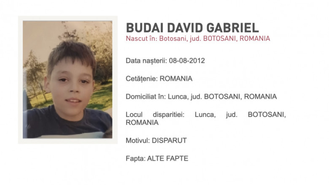 Obstet de 12 ani, căutat de poliţia din Botoşani. David plecat din Lunca şi dispărut.