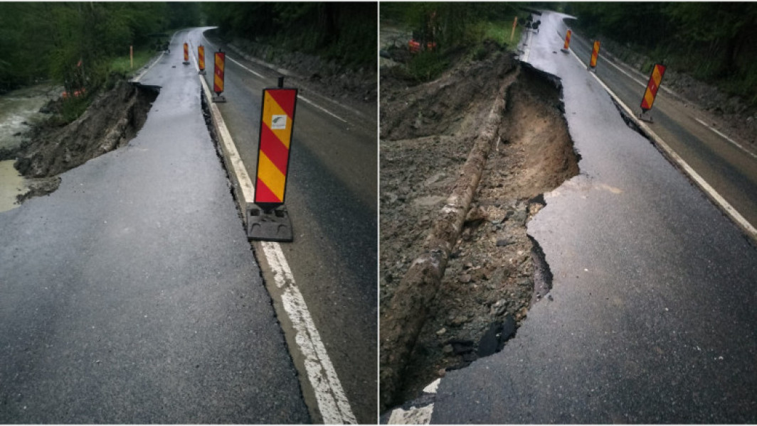 Un tronson al drumului național din Apuseni s-a surpat din cauza ploilor. Circulația se desfășoară alternativ pe un singur sens.
