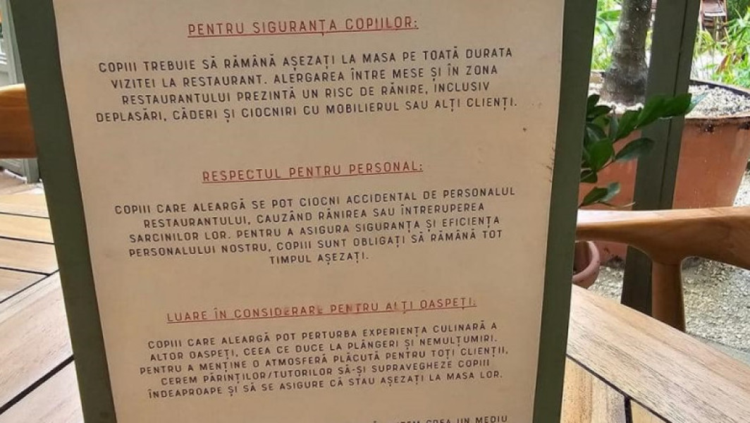 Scandal în restaurant: Părinții, ceruți să controleze copiii pentru a evita accidentele